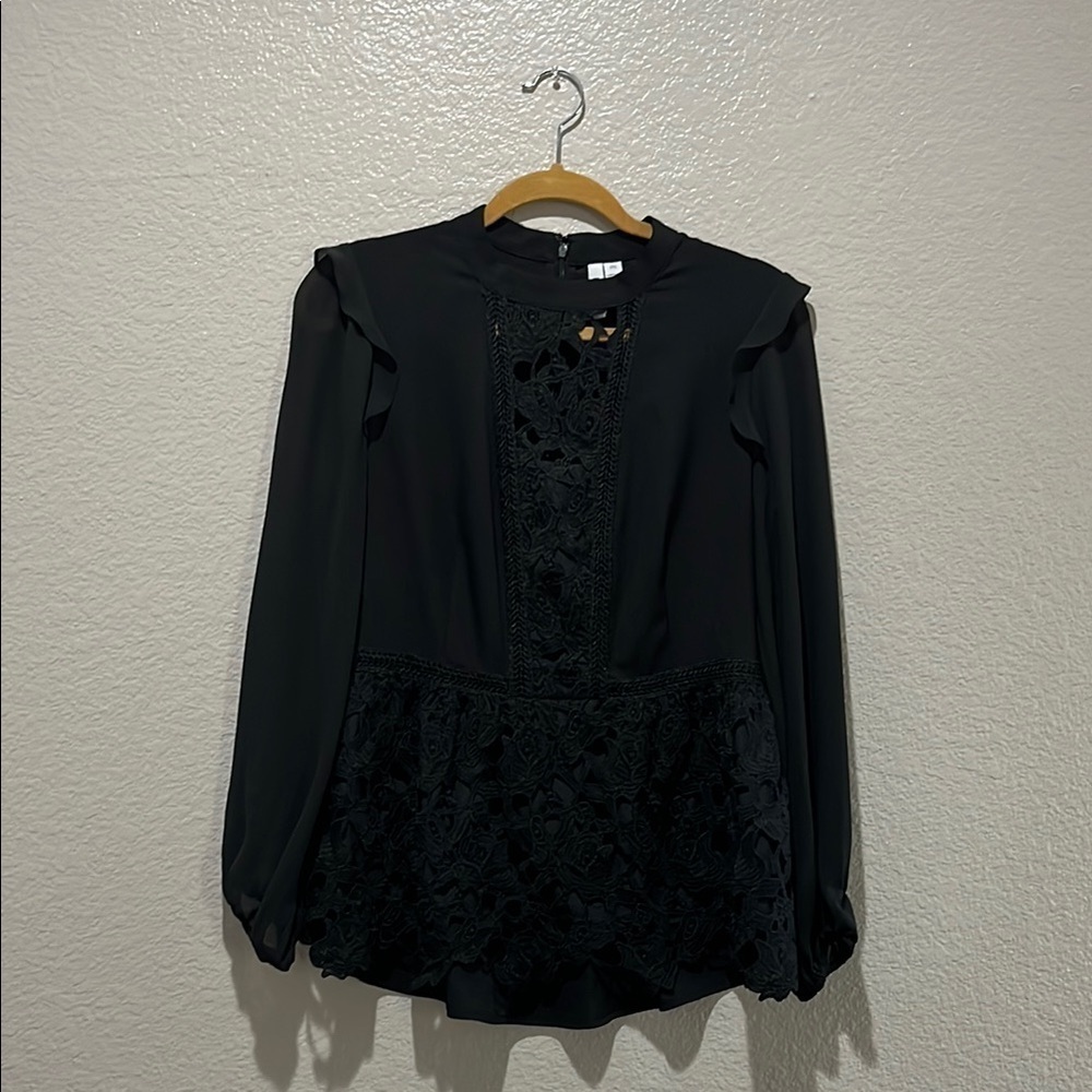 Kensie Elegant Black Lace Blouse Long Sleeves Sz M Whimsigoth witchy TC0553